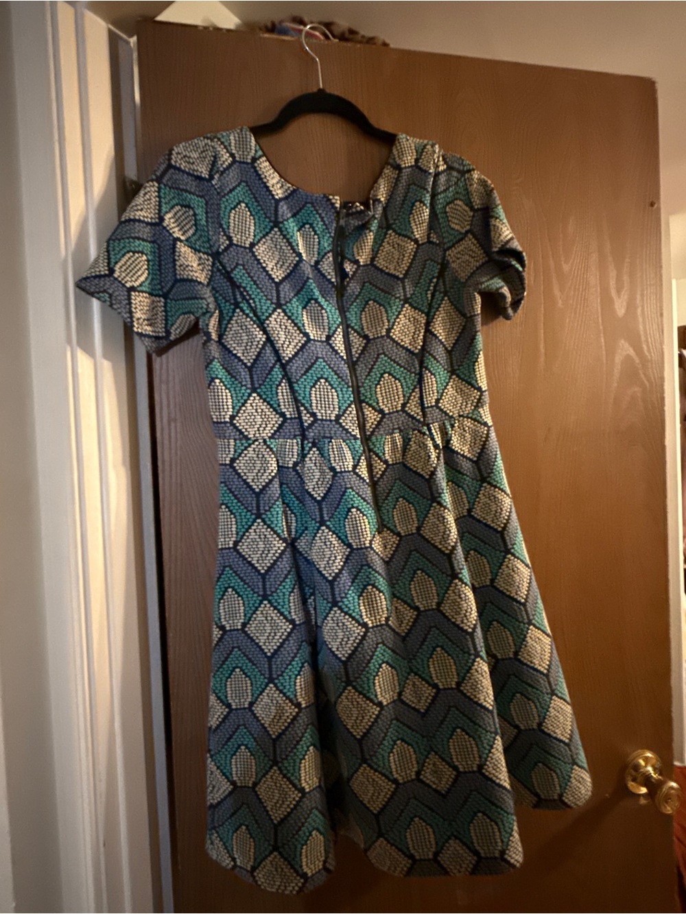 Anthropologie HD in Paris Teal, Navy & Cream Geometric Midi Dress